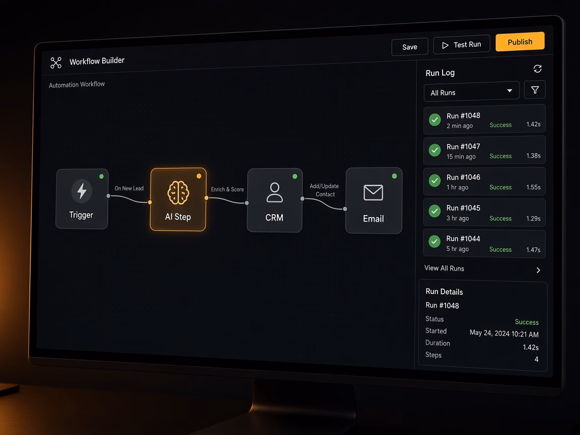 A workflow automation builder connecting a trigger, an AI step, a CRM and email, with a run log of successful runs.