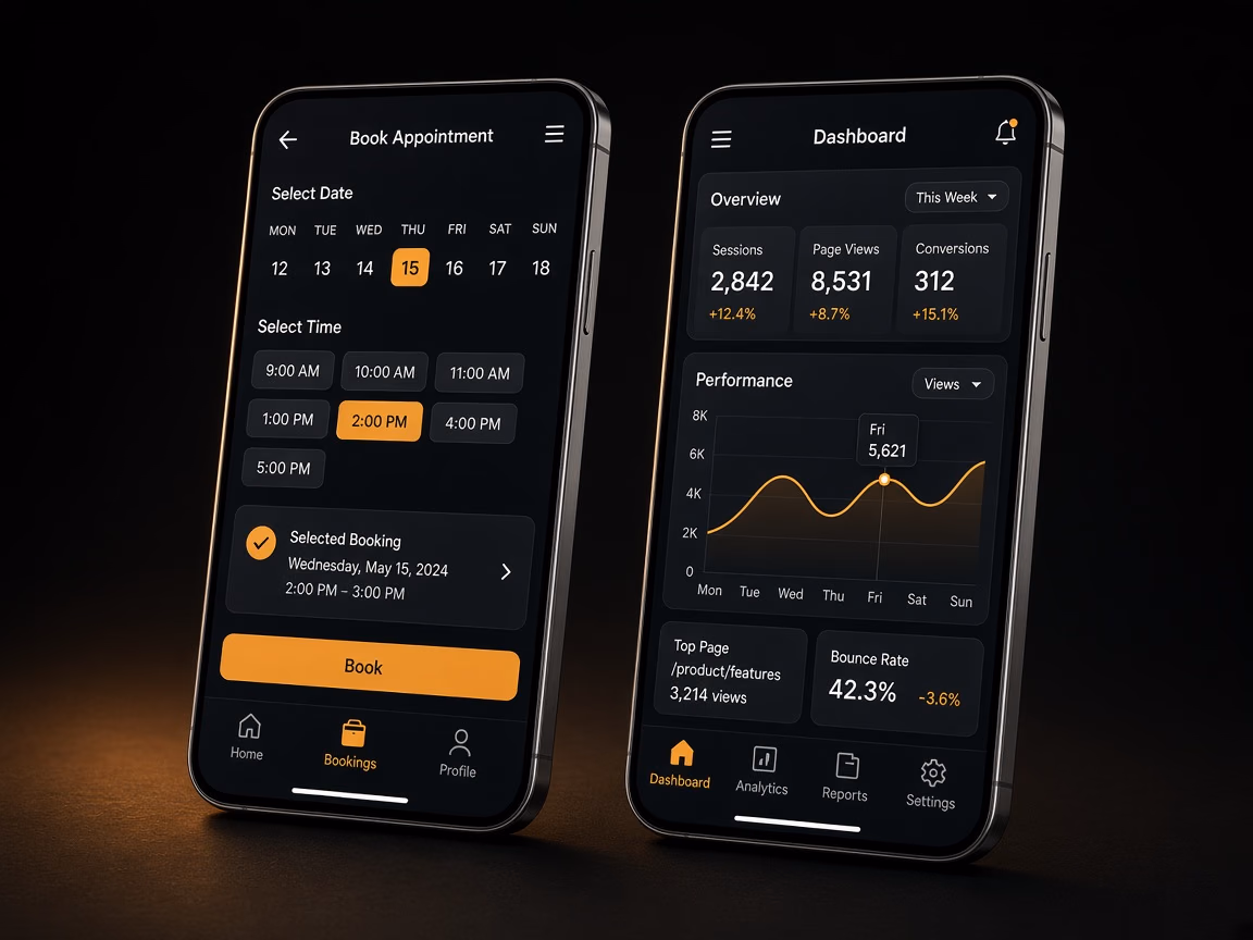 Two smartphones showing a dark-mode mobile app: an appointment booking screen and an analytics dashboard.