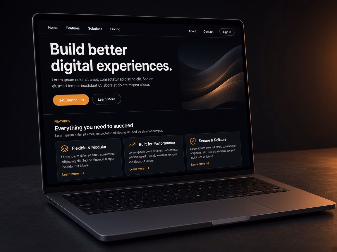 A laptop showing a dark, modern marketing website with a bold headline, amber call-to-action buttons and feature cards.