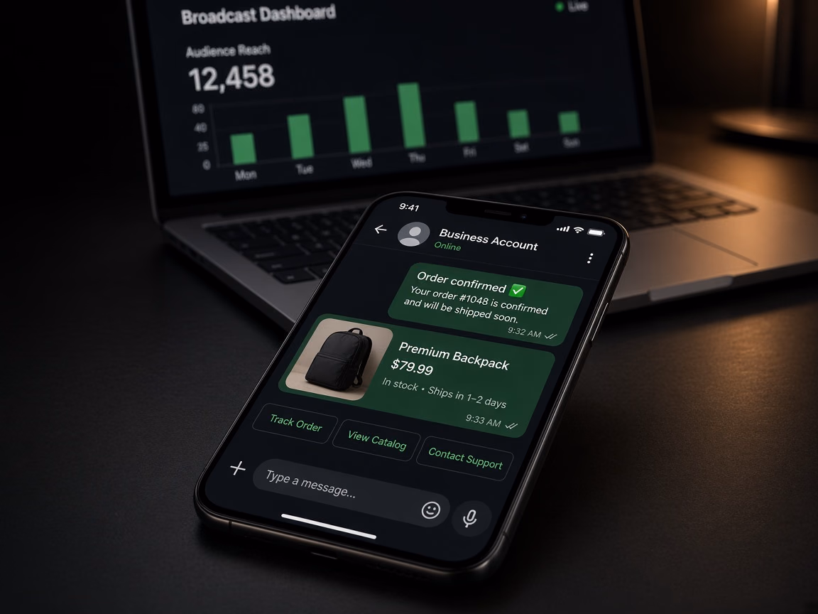 A phone showing a business chat with an order confirmation, a product card and quick-reply buttons, beside a broadcast dashboard.